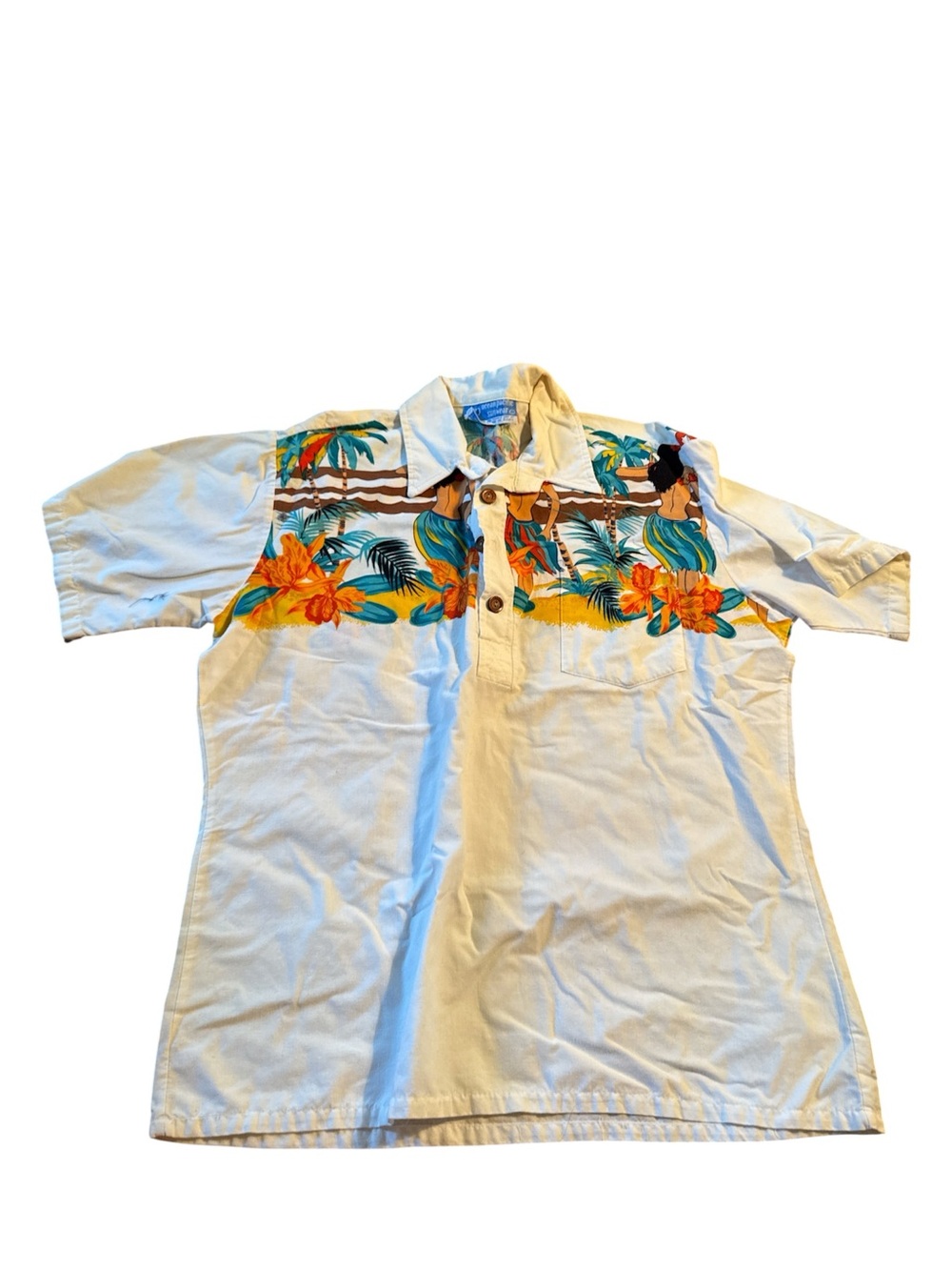 Vintage ocean pacific Men's Cream Hawaiian Panel Polo Shirt with Tropical Print